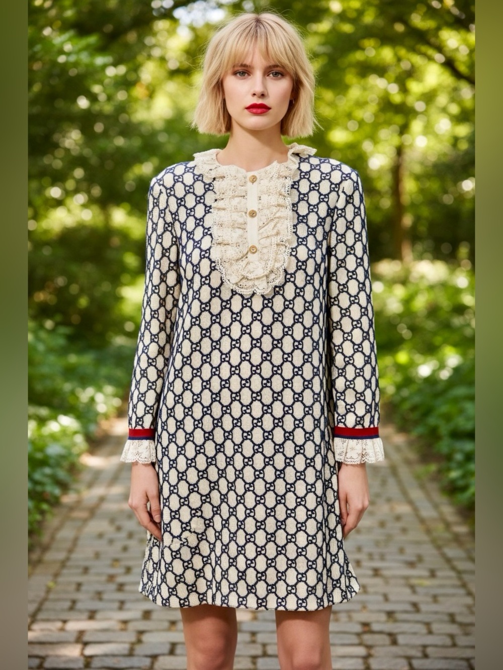 Gucci Cream and Navy GG Lace-Trim Long Sleeve Dress